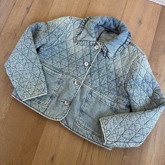 NWT Blank NYC women’s cropped puffer quilt denim ruffle Peter Pan collar jacket - Picture 1 of 13